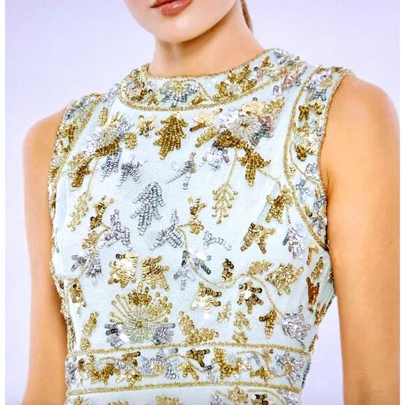 Mac Duggal Embellished High Neck Sleeveless Sheath Midi Dress Sage 14 - Picture 6 of 8